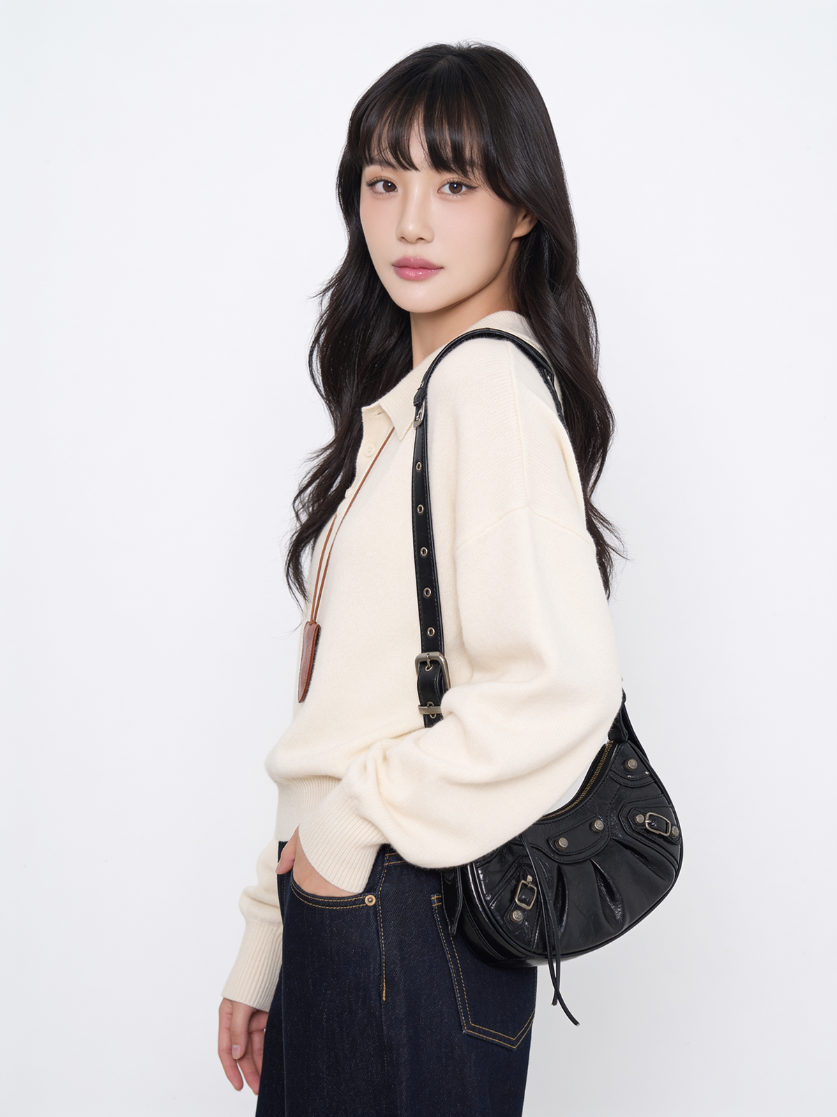 アイボリーポロネックニット 横向き着用イメージ
